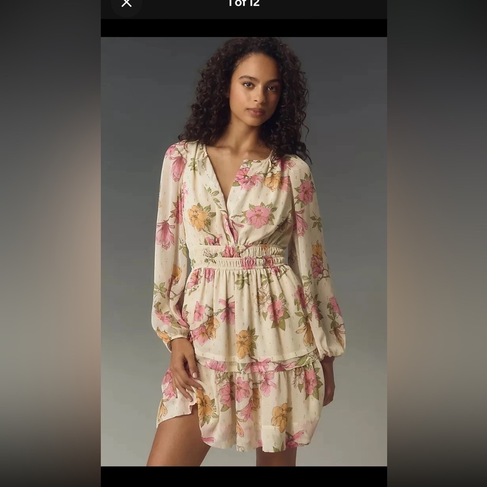 NWT Anthropologie Maeve Somerset Long Sleeve Mini Dress Ivory Floral Medium 🌷🌷